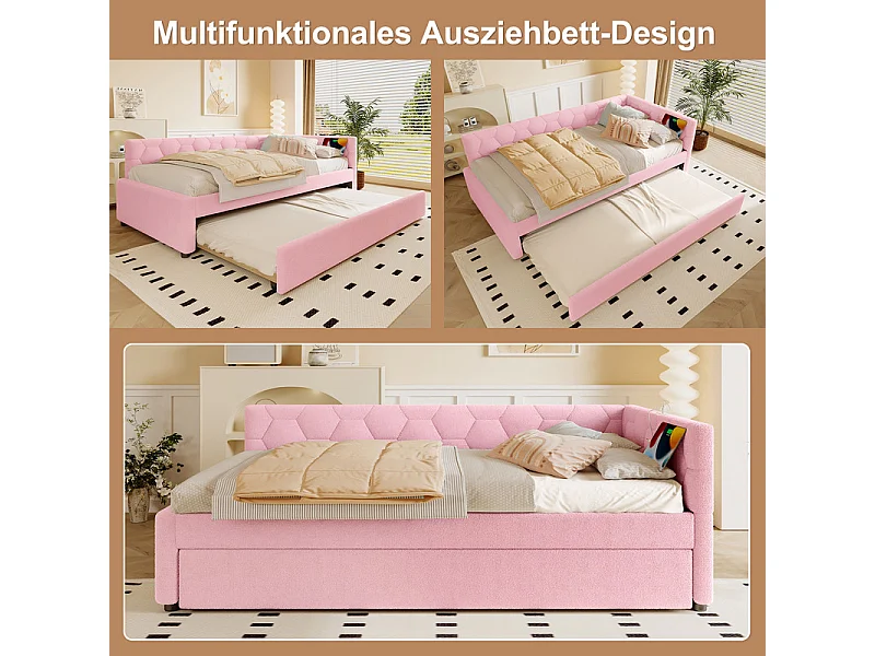 Lit gigogne banquette 90 x 200 cm en velours rose - avec lampe de chevet et USB + type C