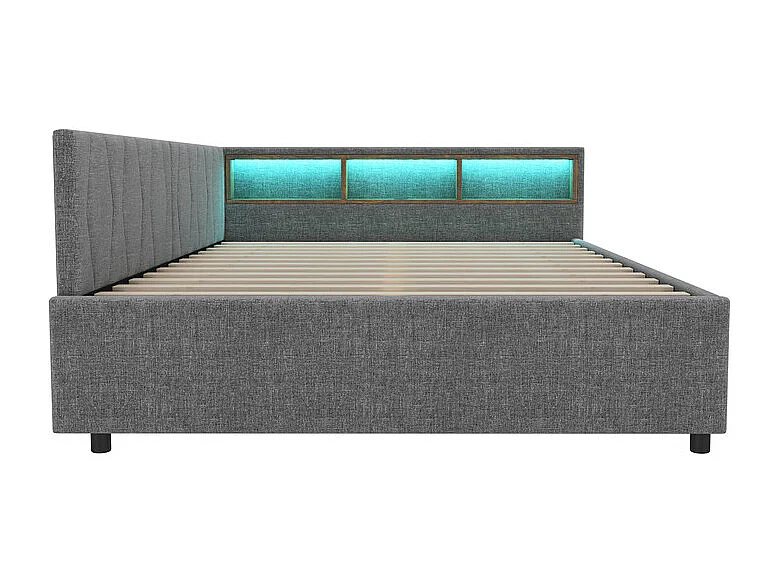 Canapé-lit 140 x 200 cm en Lin gris, lit coffre banquette, avec 2 tiroirs, LED et USB + type C
