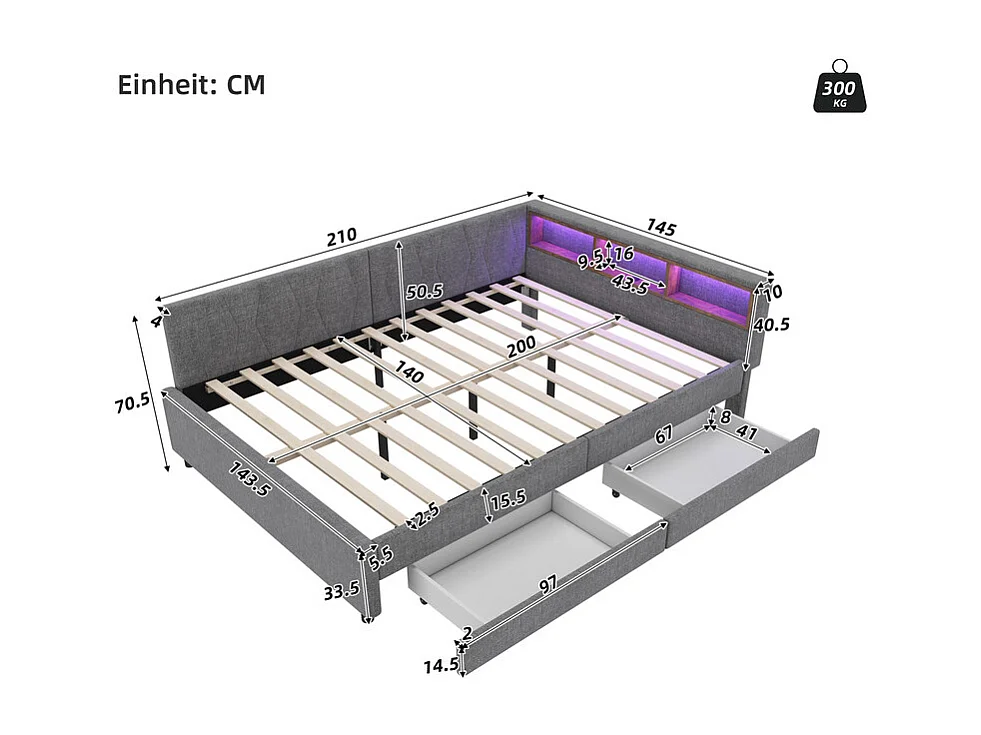 Slaapbank 140 x 200 cm in grijs linnen, opbergbankbed, met 2 lades, LED en USB + type C