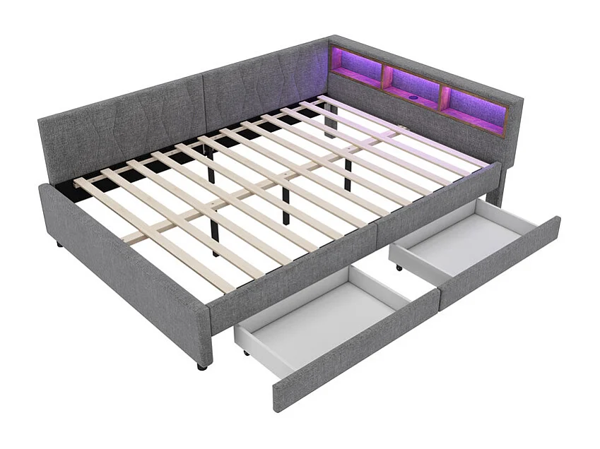 Slaapbank 140 x 200 cm in grijs linnen, opbergbankbed, met 2 lades, LED en USB + type C