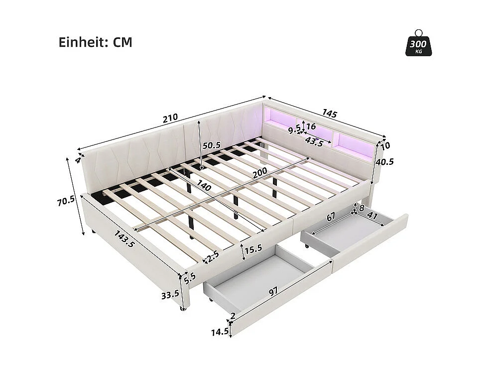 Canapé-lit 140 x 200 cm en Lin beige, lit coffre banquette, avec 2 tiroirs, LED et USB + type C