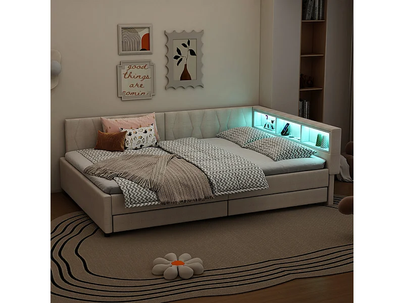 Canapé-lit 140 x 200 cm en Lin beige, lit coffre banquette, avec 2 tiroirs, LED et USB + type C