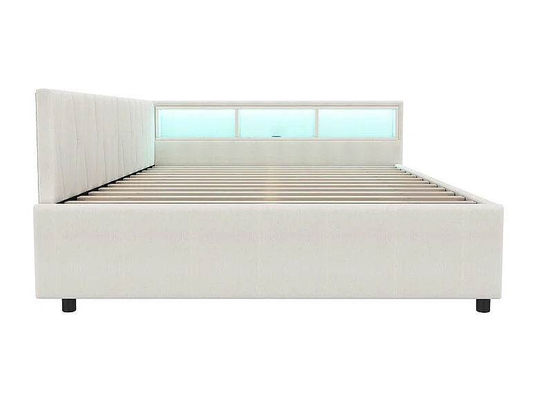 Canapé-lit 140 x 200 cm en Lin beige, lit coffre banquette, avec 2 tiroirs, LED et USB + type C