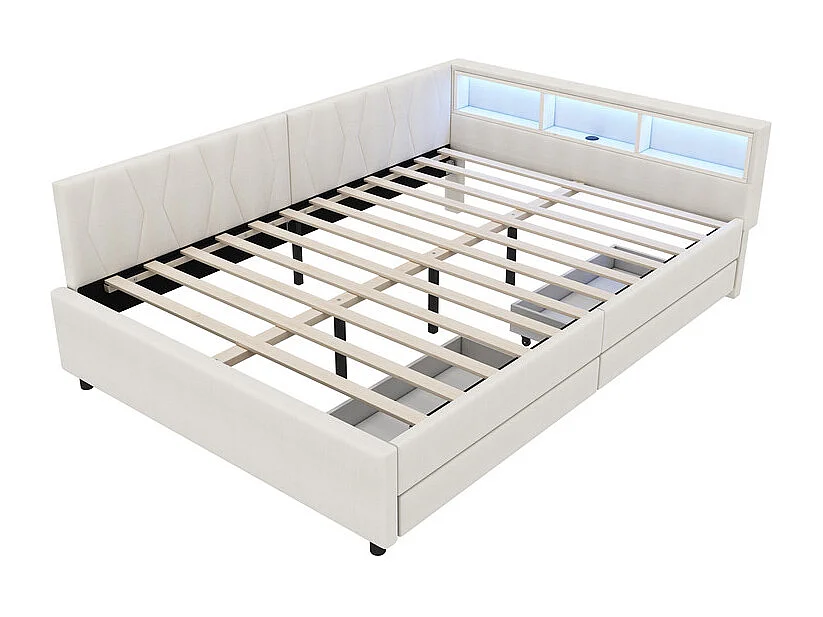 Canapé-lit 140 x 200 cm en Lin beige, lit coffre banquette, avec 2 tiroirs, LED et USB + type C
