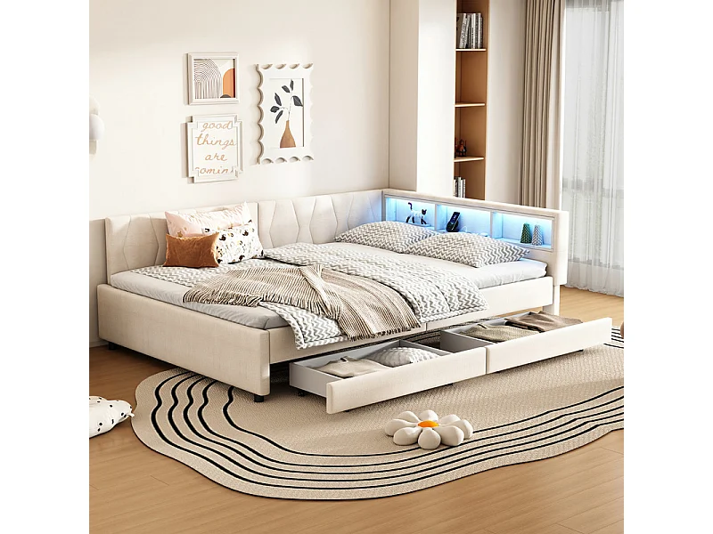 Slaapbank 140 x 200 cm in beige linnen, opbergbankbed, met 2 lades, LED en USB + type C