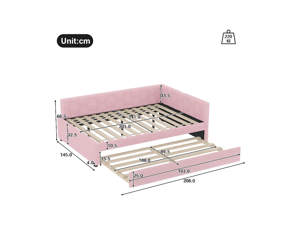Lit gigogne banquette 140 x 200 cm en velours rose - avec lampe de chevet et USB + type C
