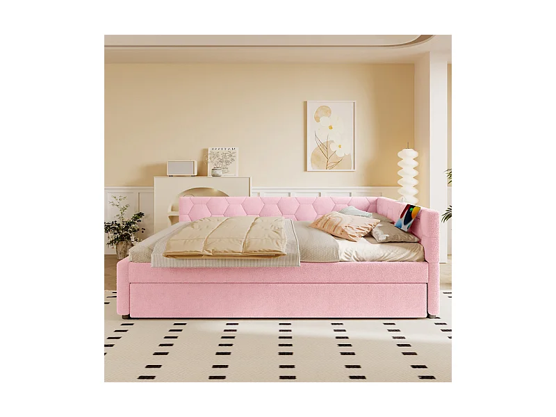 Lit gigogne banquette 140 x 200 cm en velours rose - avec lampe de chevet et USB + type C
