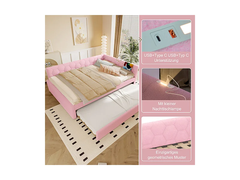 Lit gigogne banquette 140 x 200 cm en velours rose - avec lampe de chevet et USB + type C