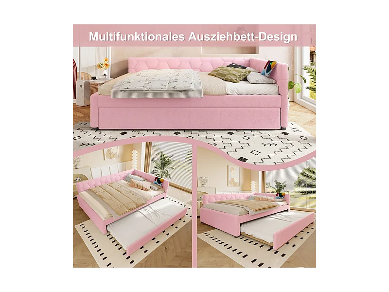 Lit gigogne banquette 140 x 200 cm en velours rose - avec lampe de chevet et USB + type C