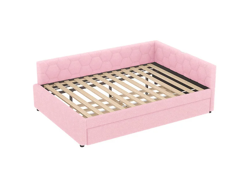 Lit gigogne banquette 140 x 200 cm en velours rose - avec lampe de chevet et USB + type C