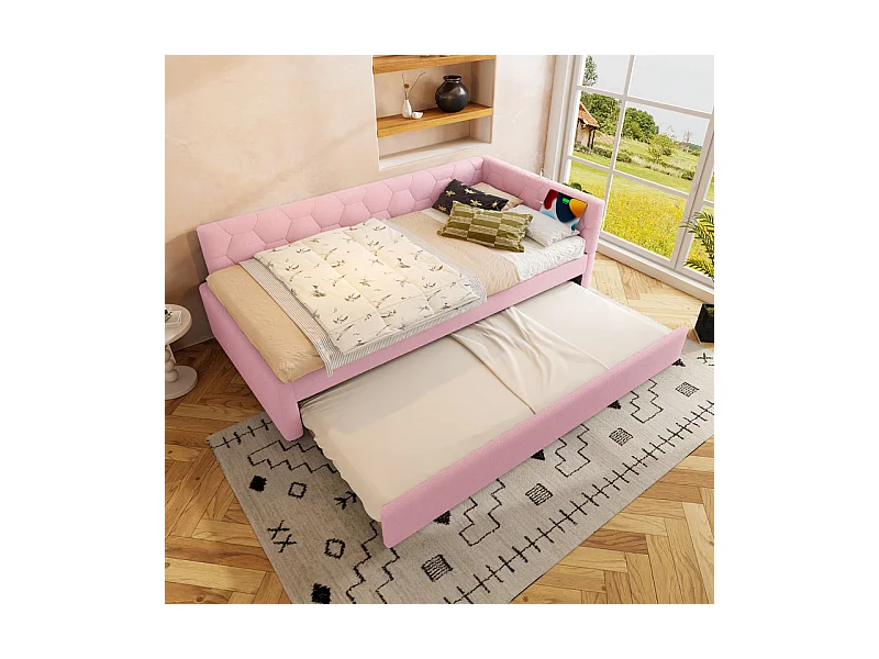 Nestbank-Bett 140 x 200 cm aus rosa Samt - mit Nachttischlampe und USB + Typ C