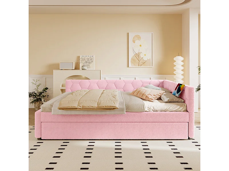 Lit gigogne banquette 140 x 200 cm en velours rose - avec lampe de chevet et USB + type C