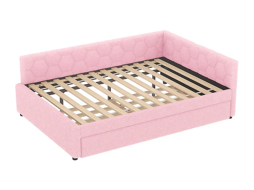 Lit gigogne banquette 140 x 200 cm en velours rose - avec lampe de chevet et USB + type C
