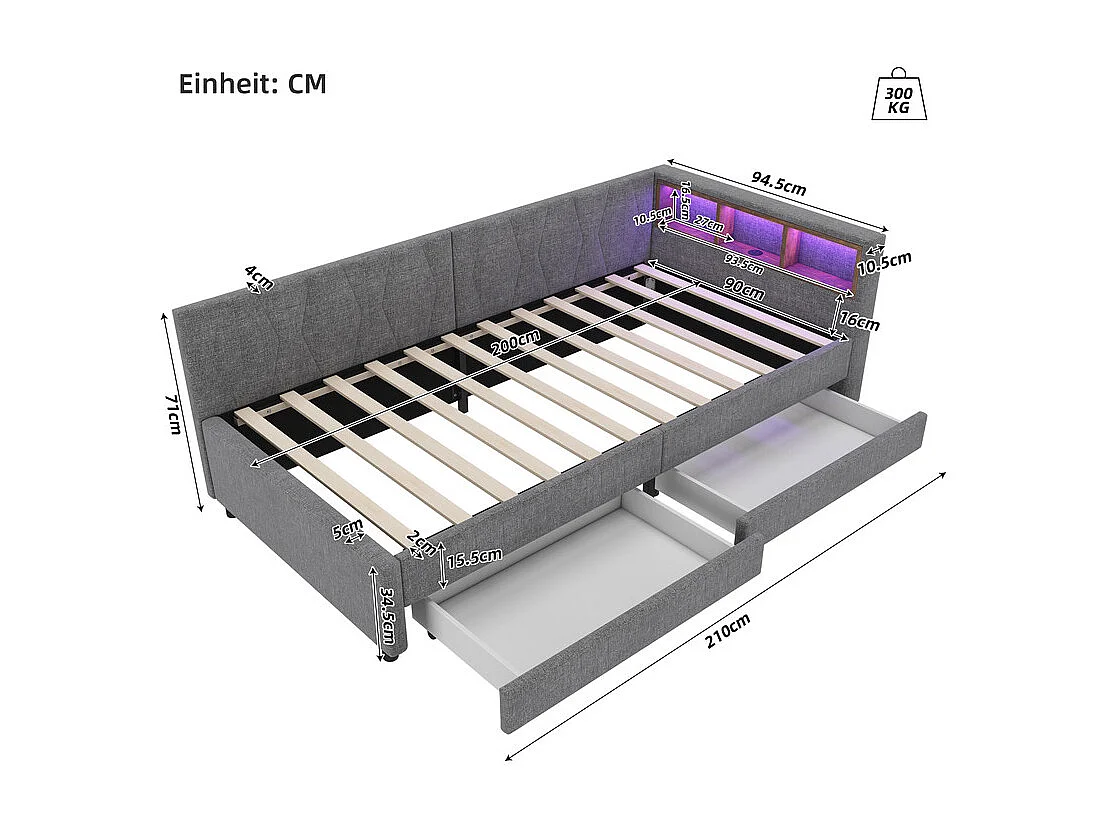 Slaapbank 90 x 200 cm in grijs linnen, opbergbankbed, met 2 lades, LED en USB + type C