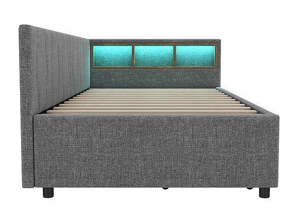 Slaapbank 90 x 200 cm in grijs linnen, opbergbankbed, met 2 lades, LED en USB + type C