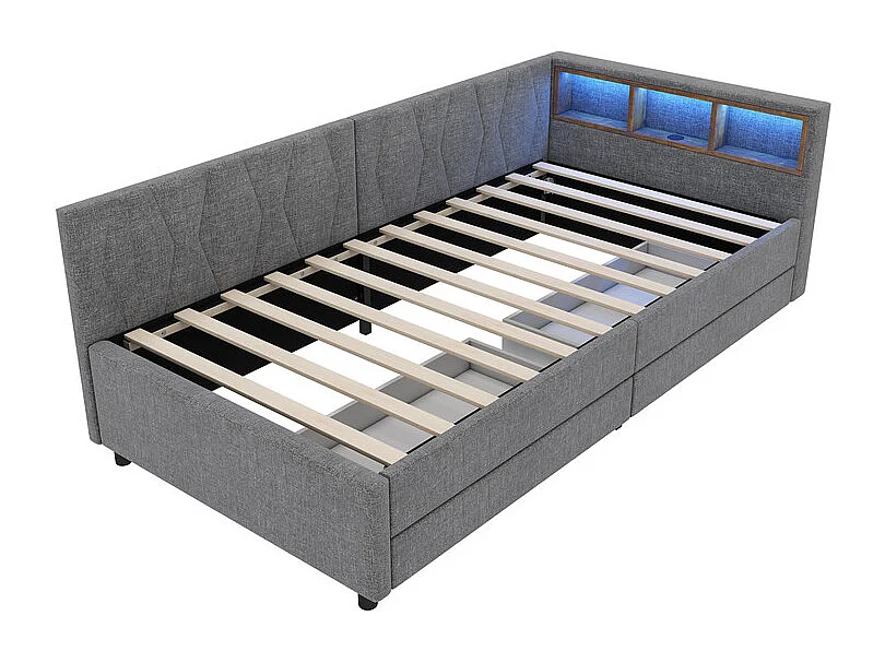 Slaapbank 90 x 200 cm in grijs linnen, opbergbankbed, met 2 lades, LED en USB + type C