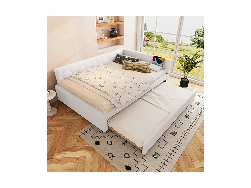 Nestbank-Bett 140 x 200 cm aus weißem Samt - mit Nachttischlampe und USB + Typ C