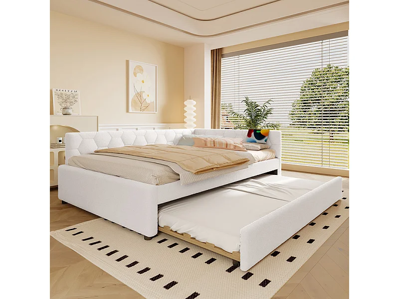 Lit gigogne banquette 140 x 200 cm en velours blanc - avec lampe de chevet et USB + type C