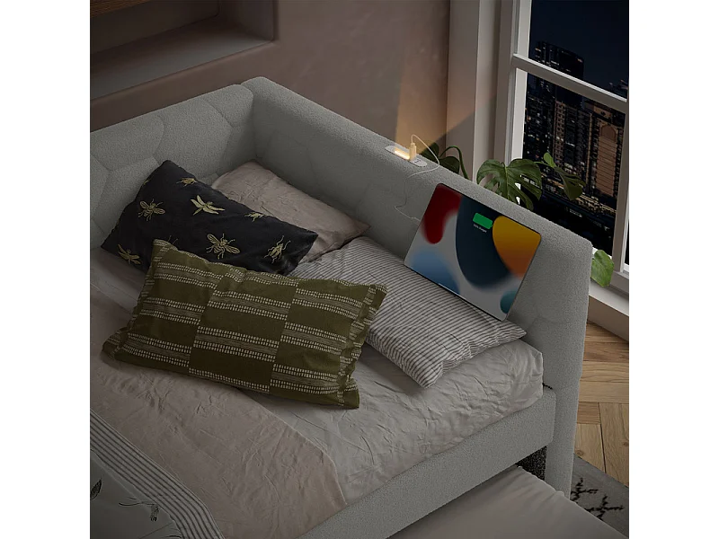 Lit gigogne banquette 140 x 200 cm en velours blanc - avec lampe de chevet et USB + type C