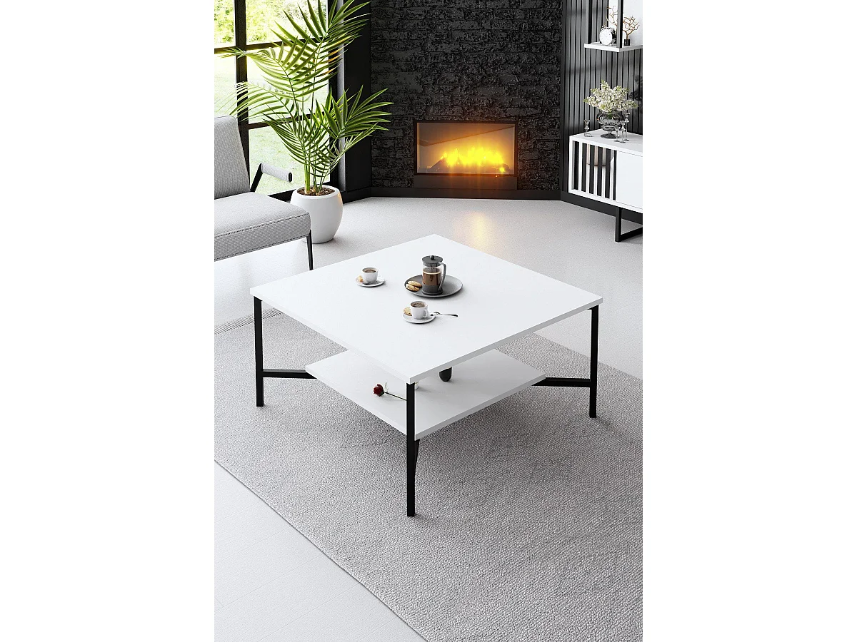 Table basse carrée Harmony 80x80cm Métal Noir et Bois Blanc