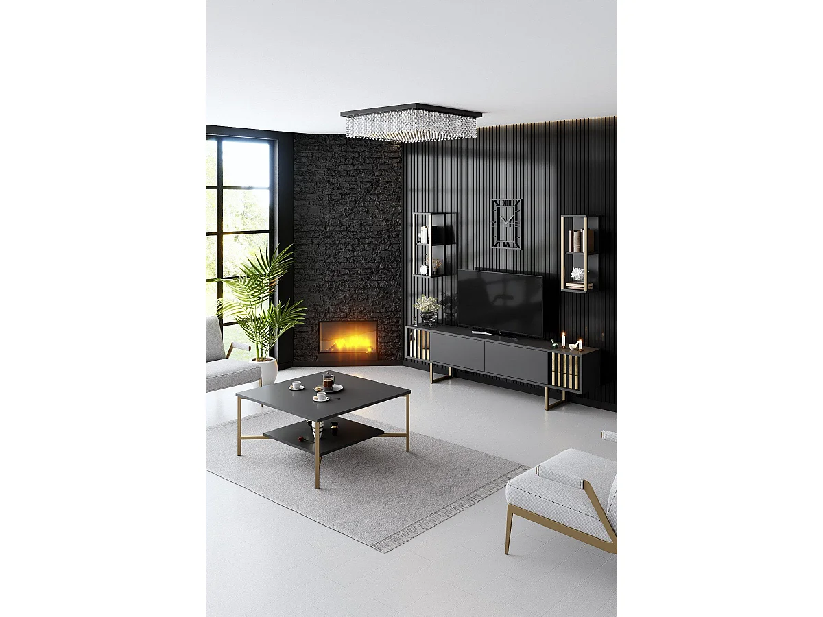 Mesa de café Kailua Z109, Dorado|Antracita, 40x80x80cm, Aglomerado laminado, Angular