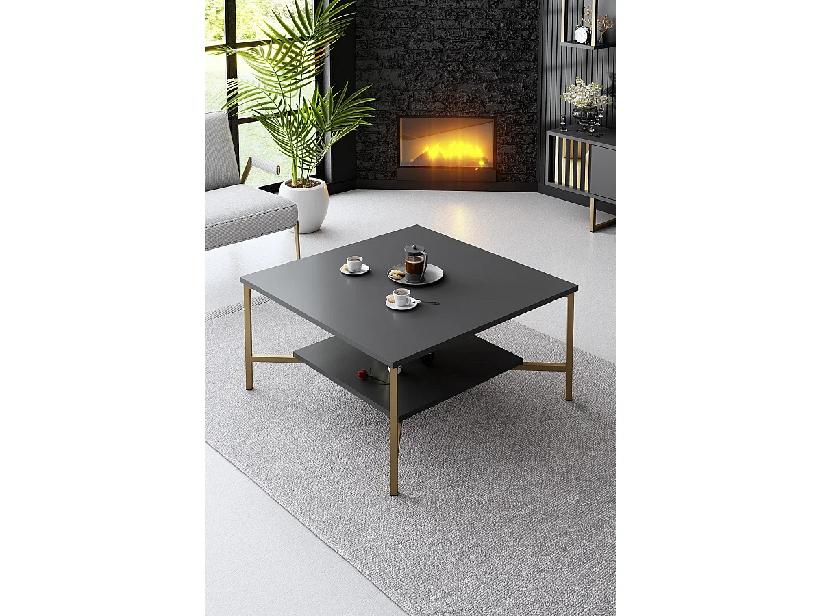 Tavolino da caffè Kailua Z109, D'oro|Antracite, 40x80x80cm, Truciolare laminato, Angolare