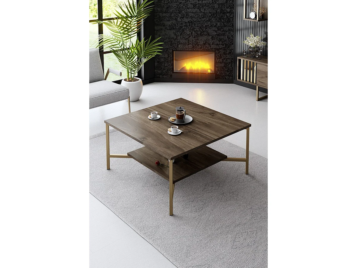 Mesa de café Kailua Z109, Nogal|Dorado, 40x80x80cm, Aglomerado laminado, Angular