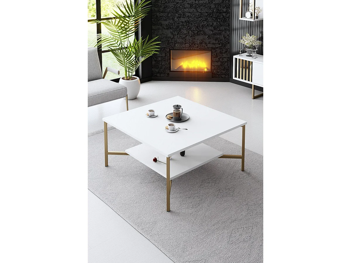 Mesa de café Kailua Z109, Dorado|Blanco, 40x80x80cm, Aglomerado laminado, Angular