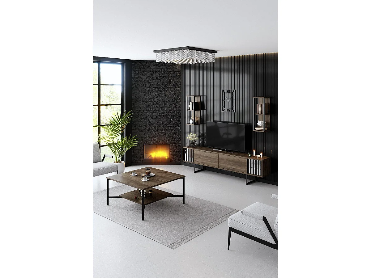 Mesa de café Kailua Z109, Nogal|Negro, 40x80x80cm, Aglomerado laminado, Angular