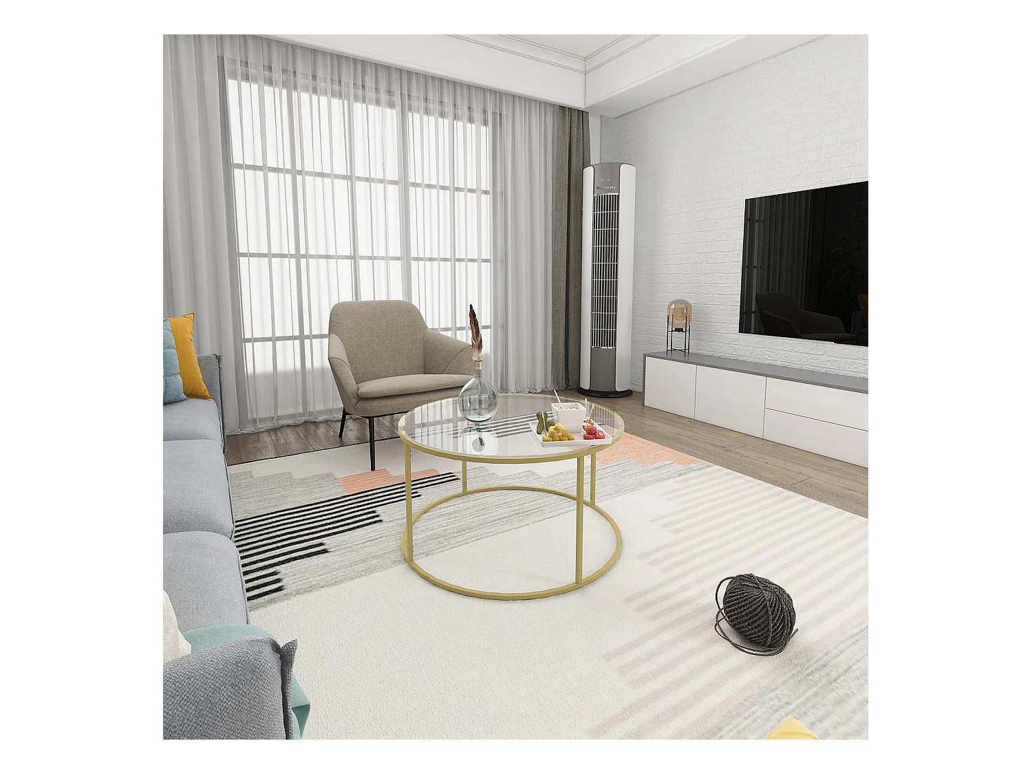 Mesa de café Kailua 1797, Dorado, 45cm, Diámetro: 80, Vidrio templado, Redonda