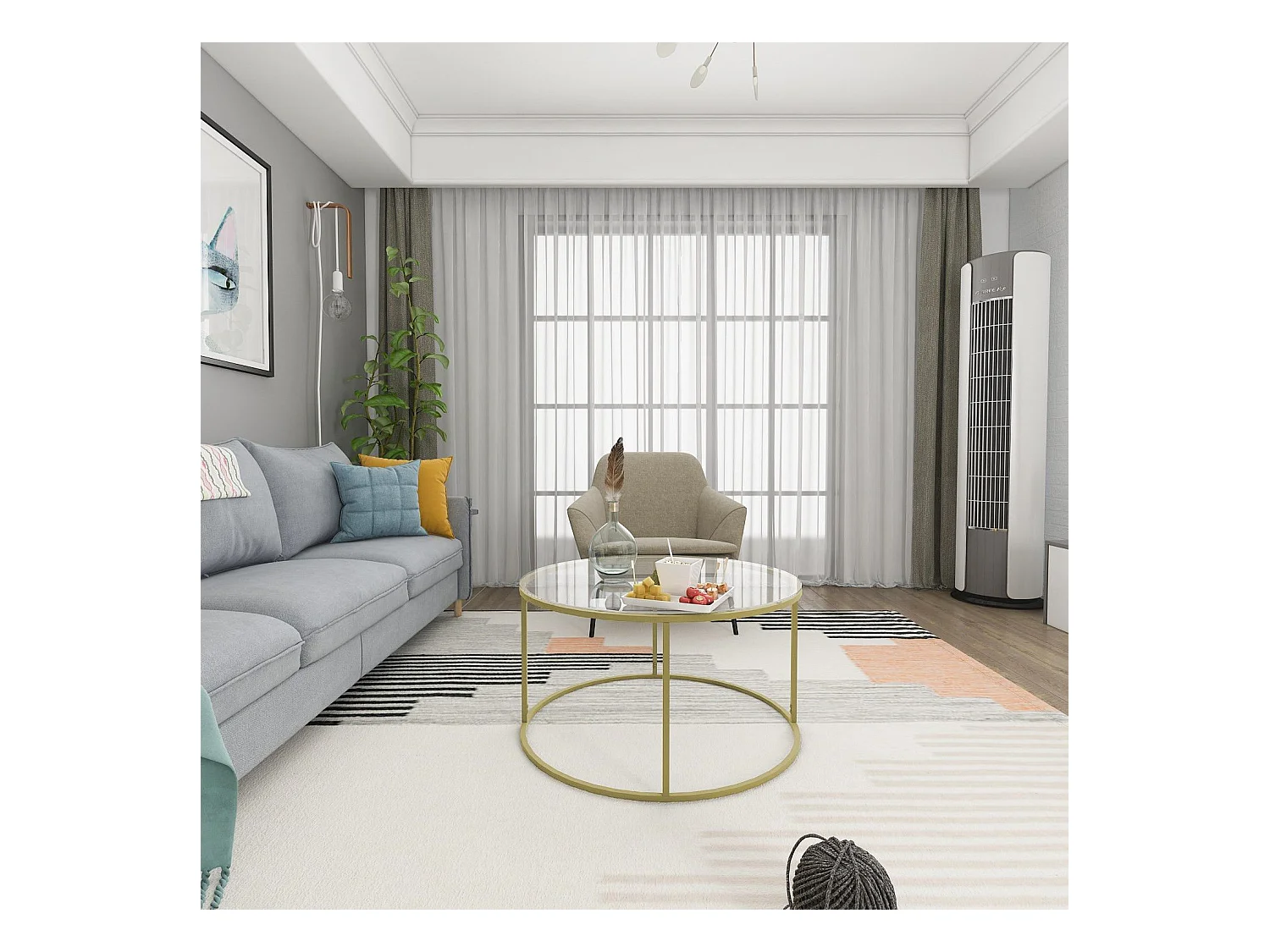 Mesa de café Kailua 1797, Dorado, 45cm, Diámetro: 80, Vidrio templado, Redonda