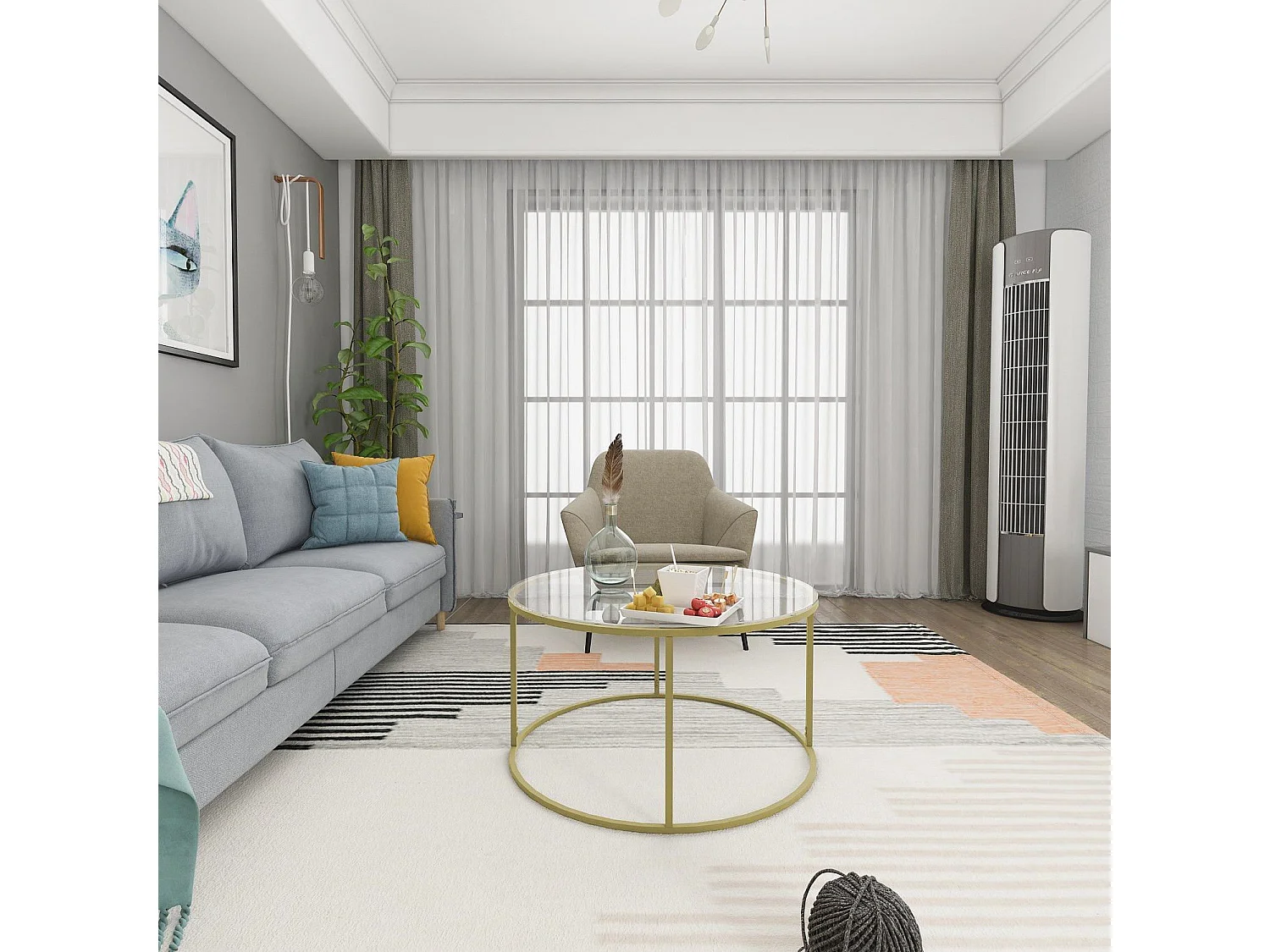 Tavolino da caffè Kailua 1797, D'oro, 45cm, Diametro: 80, Vetro temperato, Round