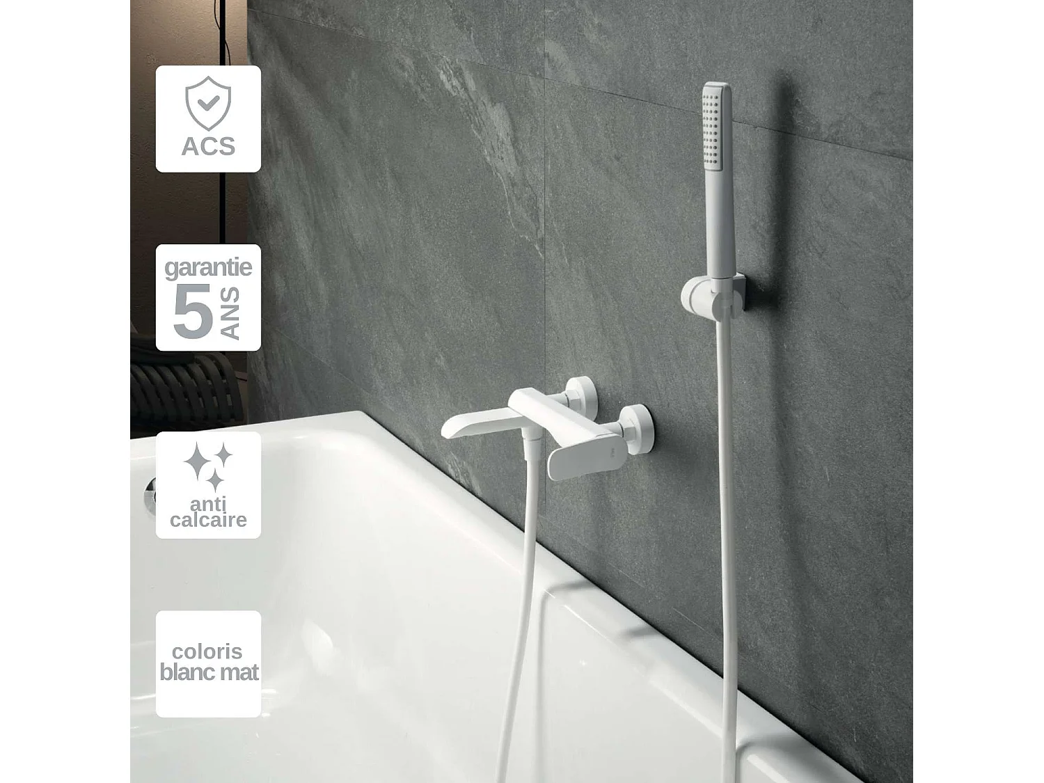 Ensemble Bain/Douche Anti-Calcaire Blanc Mat DINAMARCA BR031-4BL