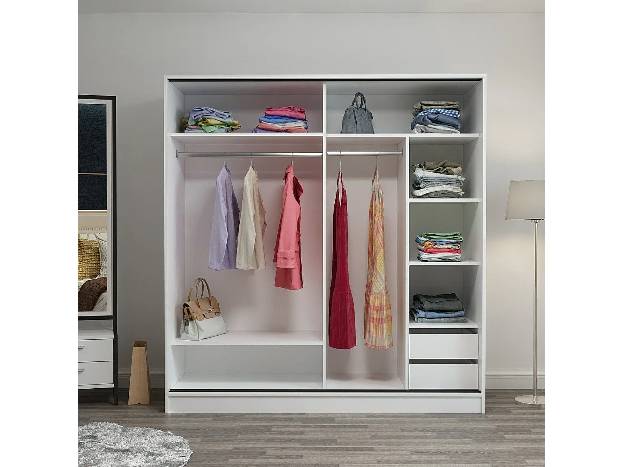 Armario Kailua T104, Roble|Blanco, 210x180x60cm, Puertas de armario: Correderas