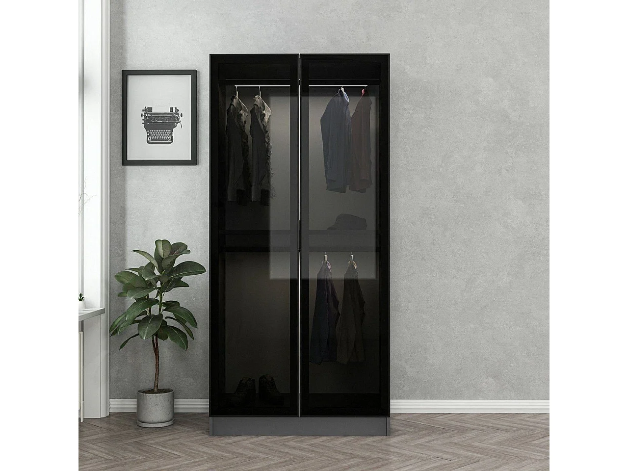 Guardaroba Kailua S100, Antracite|Nero, 190x90x52cm, Porte guardaroba: Con cerniere