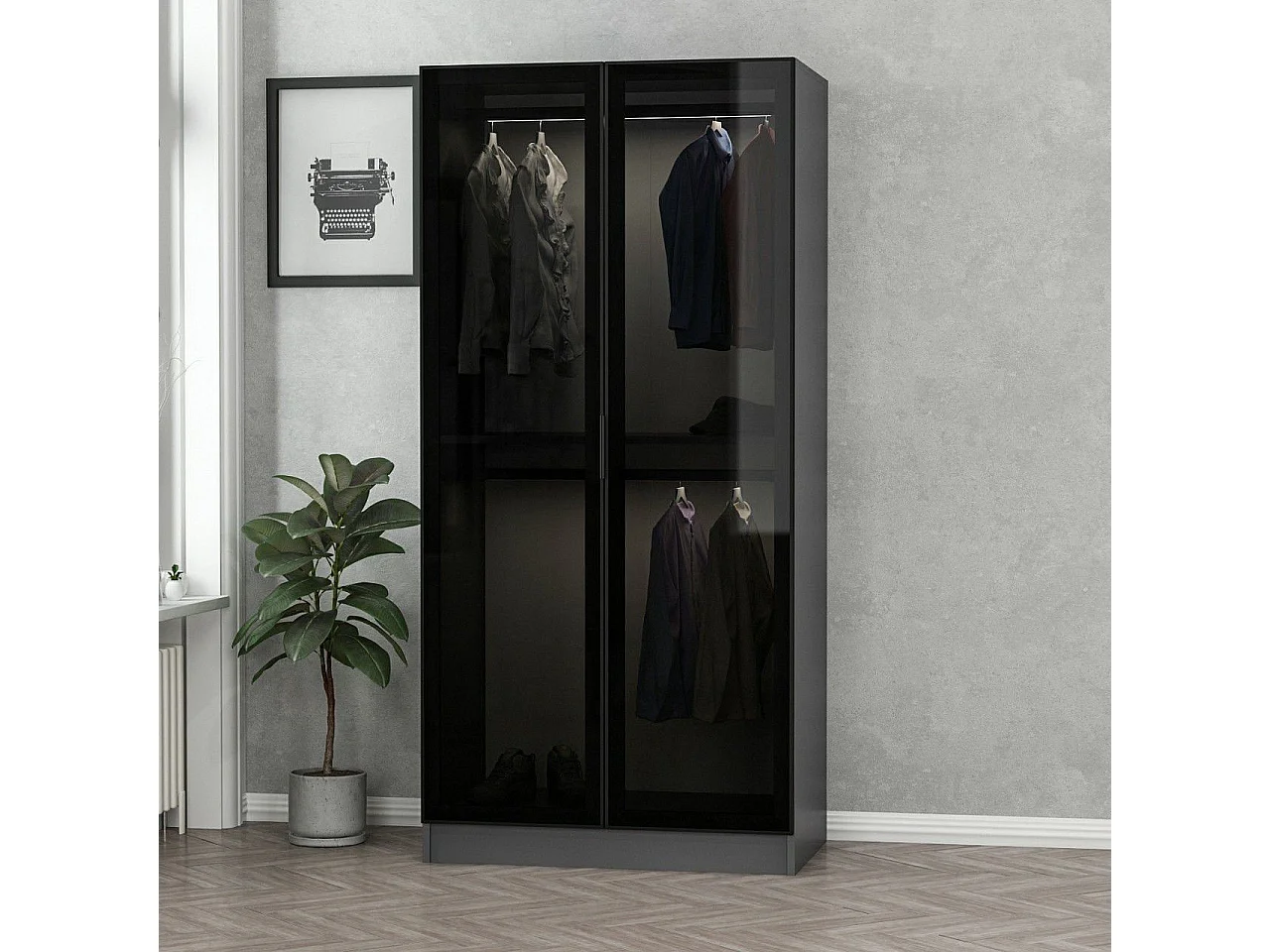 Guardaroba Kailua S100, Antracite|Nero, 190x90x52cm, Porte guardaroba: Con cerniere