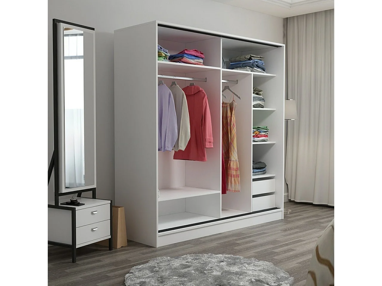 Guardaroba Kailua T104, Bianco, 210x180x60cm, Porte guardaroba: Scorrevole