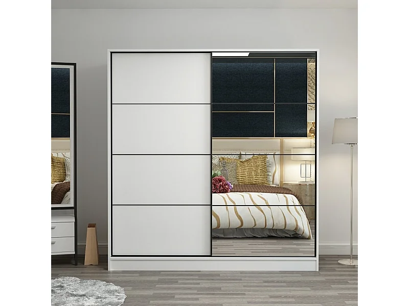 Dressing Carina Blanc L180xH210cm avec 2 portes coulissantes Miroir à droite et Blanc