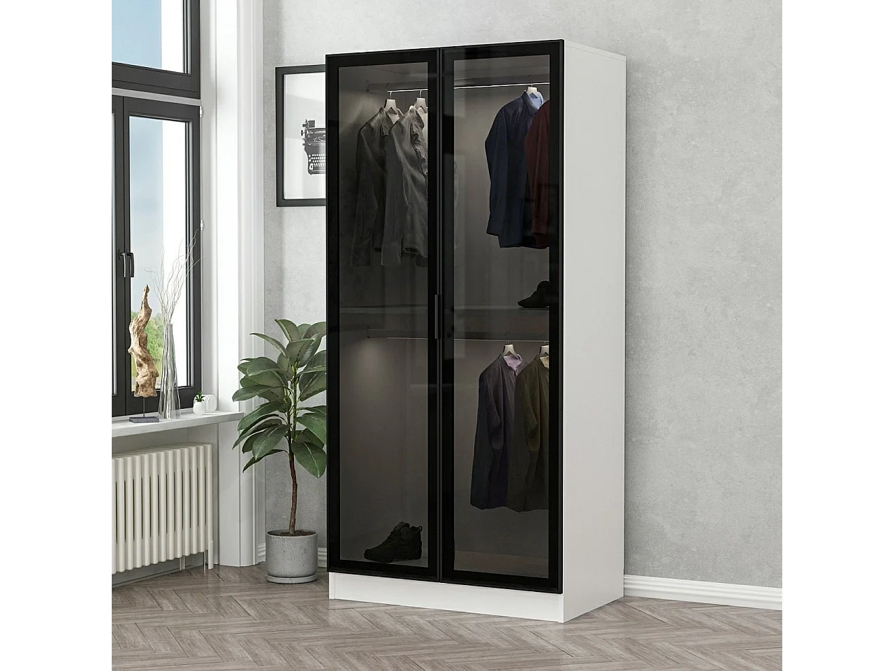 Guardaroba Kailua S100, Nero|Bianco, 190x90x52cm, Porte guardaroba: Con cerniere