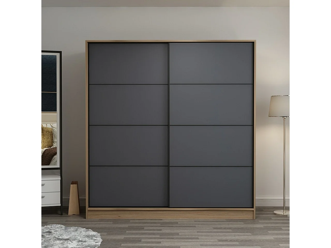 Guardaroba Kailua T103, Quercia|Antracite, 210x180x60cm, Porte guardaroba: Scorrevole