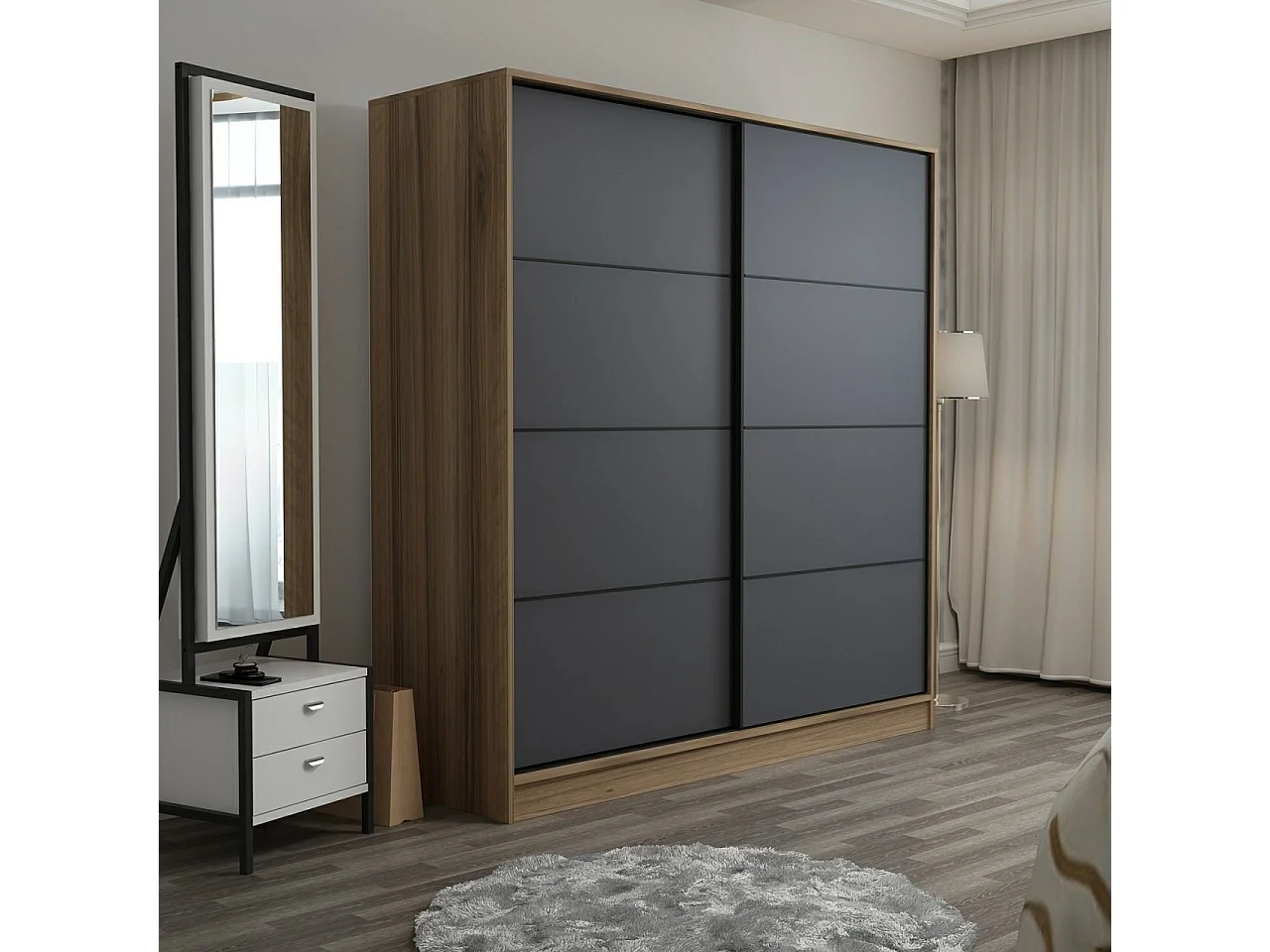 Guardaroba Kailua T103, Quercia|Antracite, 210x180x60cm, Porte guardaroba: Scorrevole