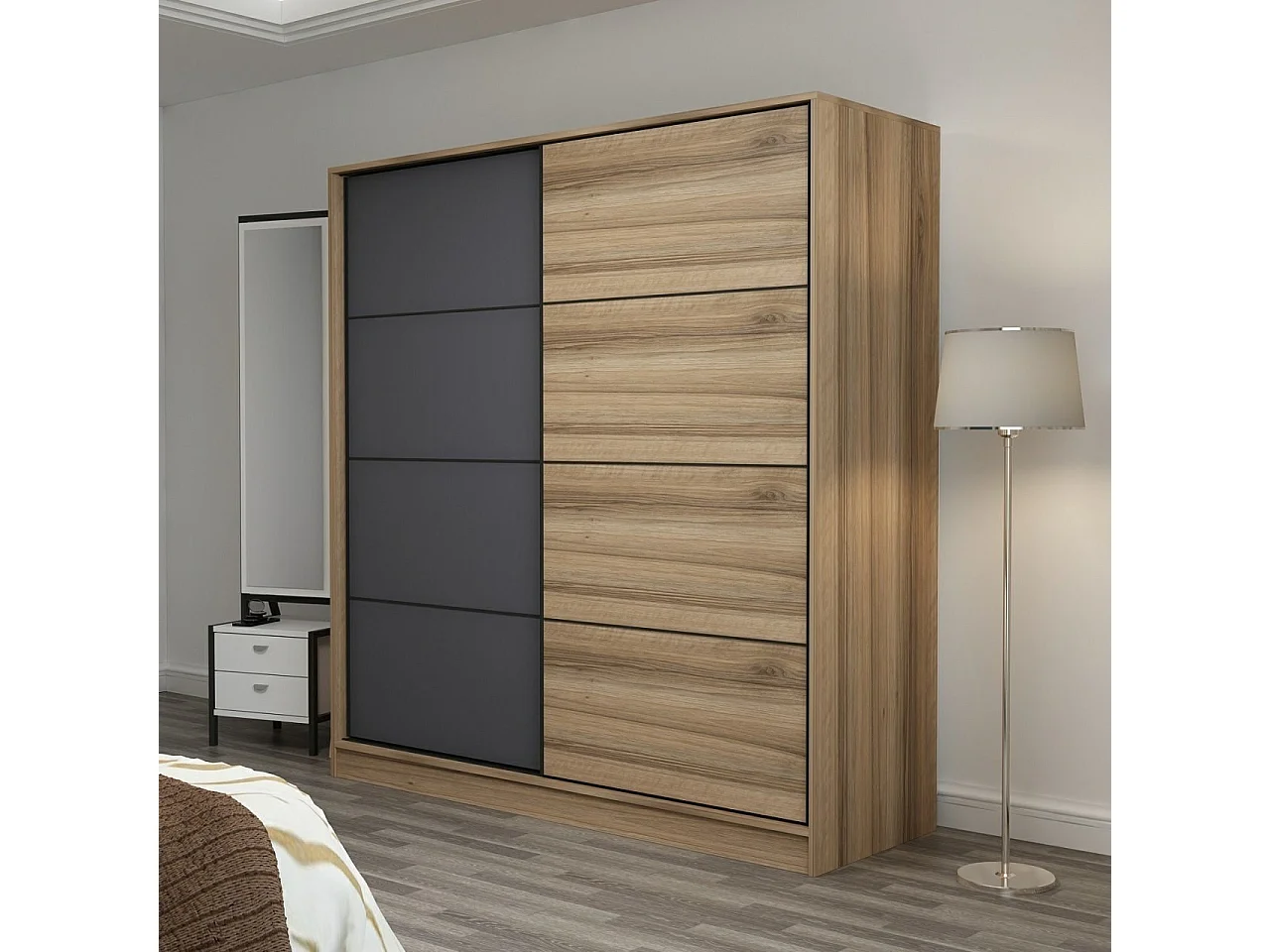 Guardaroba Kailua T103, Quercia|Antracite, 210x180x60cm, Porte guardaroba: Scorrevole