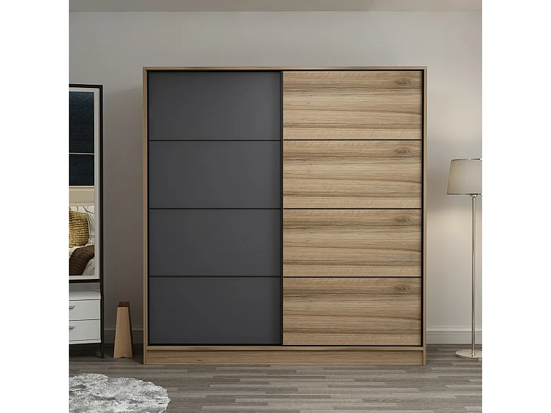 Guardaroba Kailua T103, Quercia|Antracite, 210x180x60cm, Porte guardaroba: Scorrevole