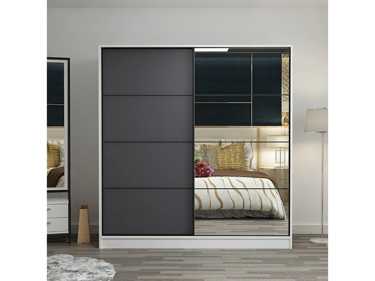 Guardaroba Kailua T104, Bianco|Antracite, 210x180x60cm, Porte guardaroba: Scorrevole