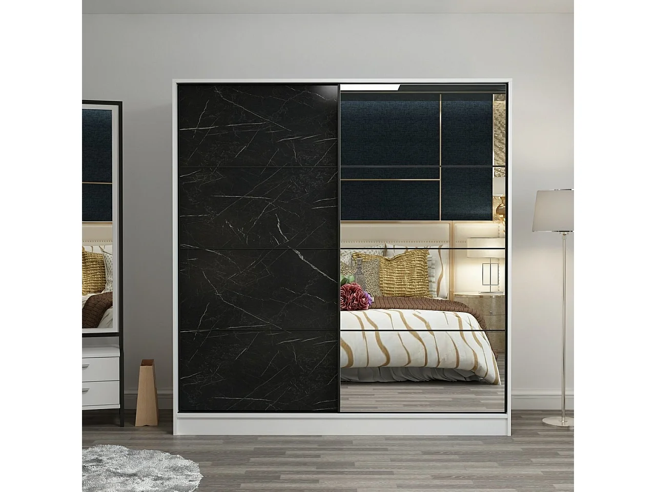 Dressing Carina Blanc L180xH210cm avec 2 portes coulissantes Miroir à droite et Effet marbre Noir