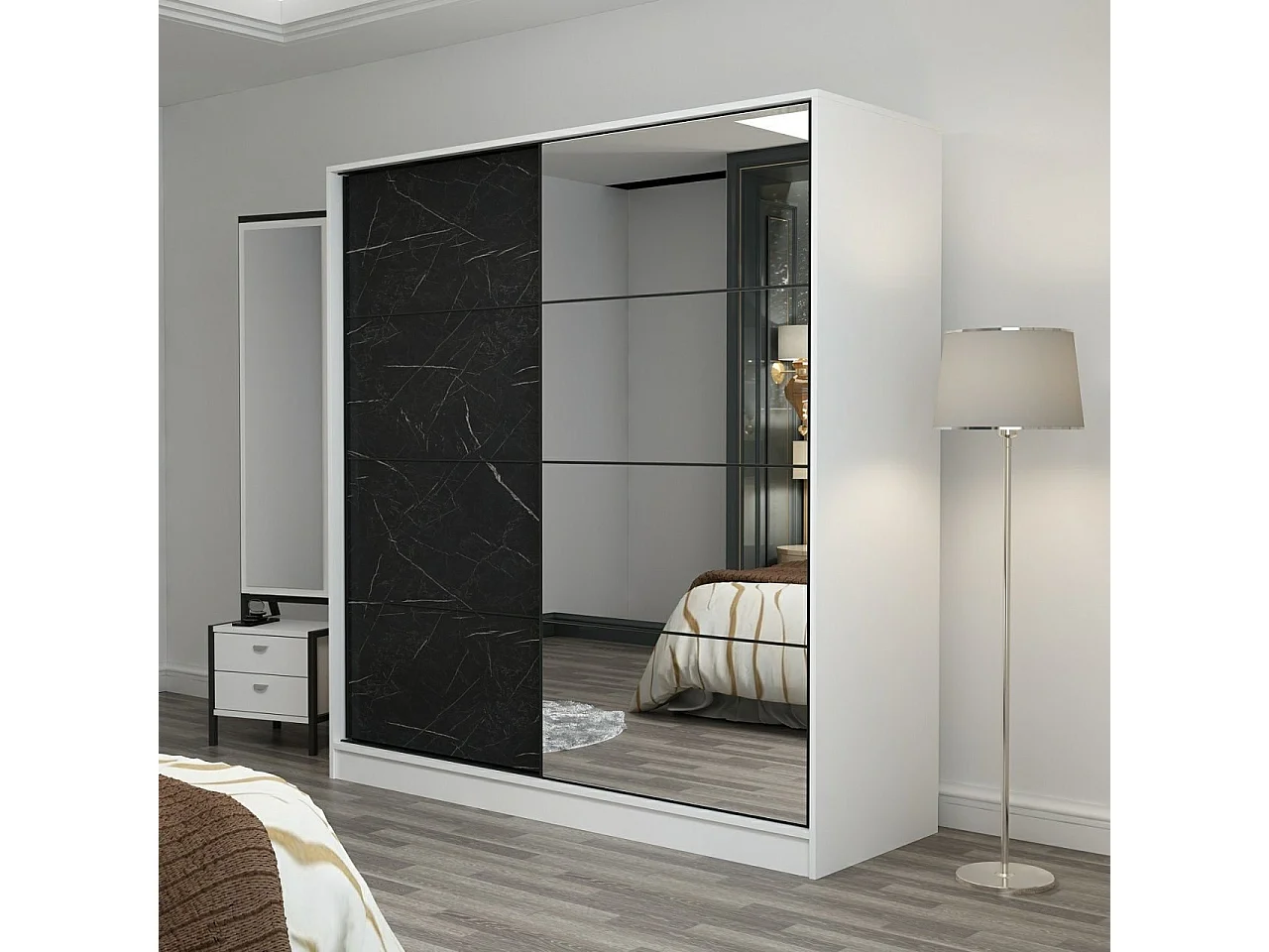 Dressing Carina Blanc L180xH210cm avec 2 portes coulissantes Miroir à droite et Effet marbre Noir