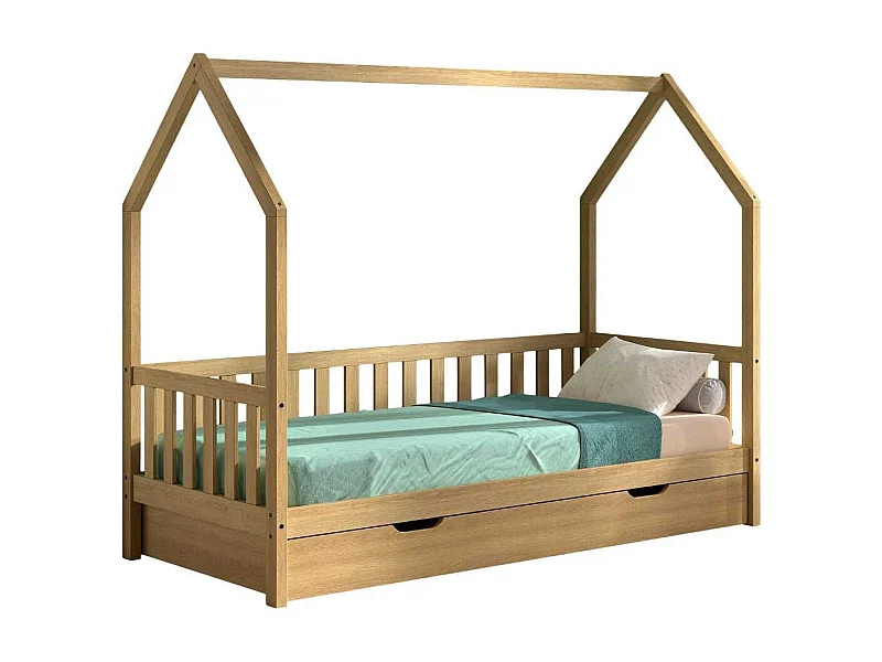 Lit cabane à barrière 90x200 avec tiroir en chêne massif - LEIKY