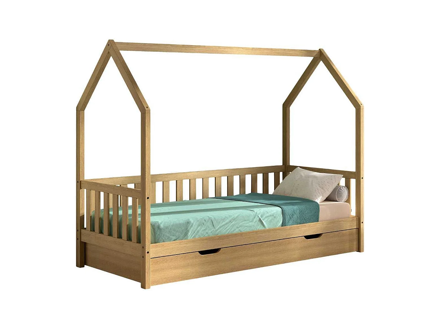 Lit cabane à barrière 90x200 avec tiroir en chêne massif - LEIKY