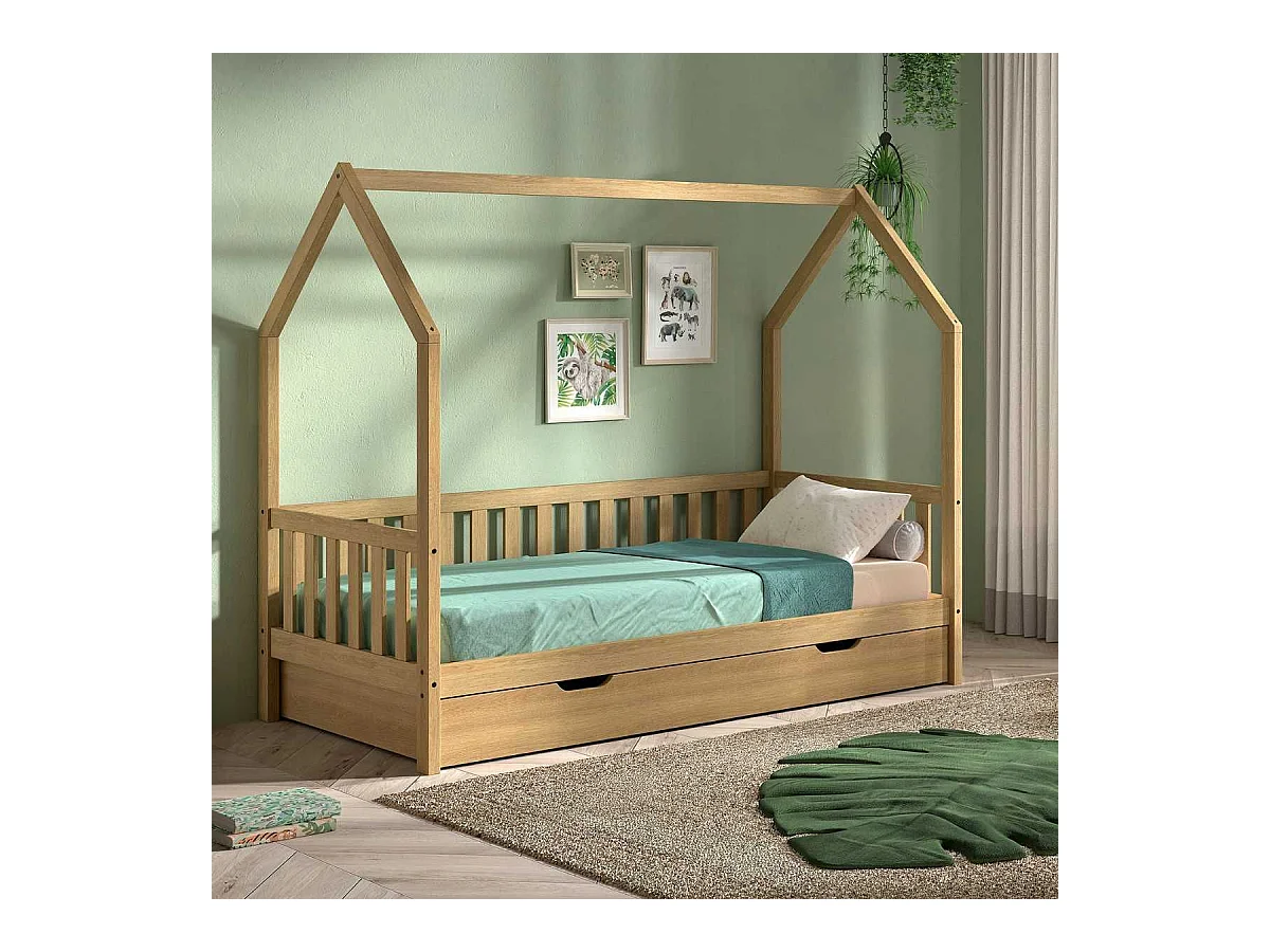 Lit cabane à barrière 90x200 avec tiroir en chêne massif - LEIKY
