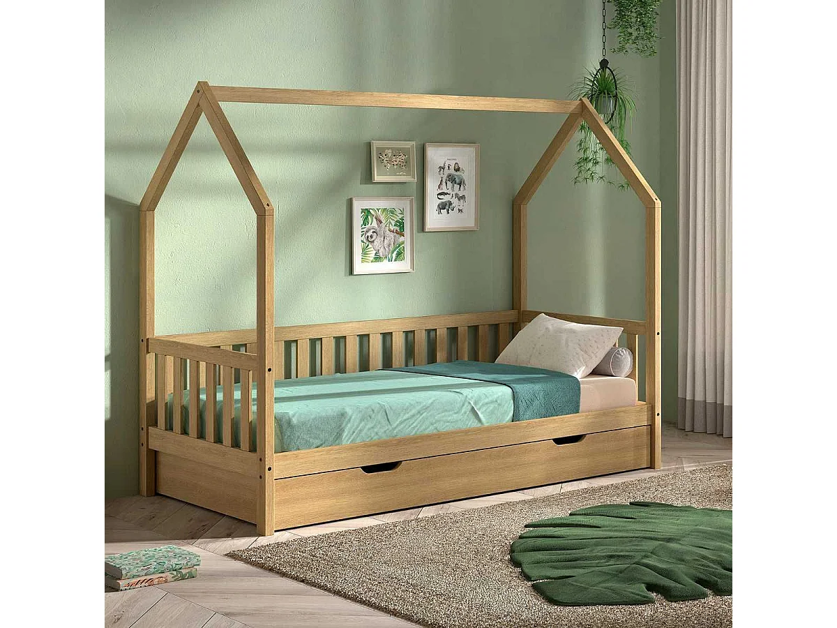 Lit cabane à barrière 90x200 avec tiroir en chêne massif - LEIKY